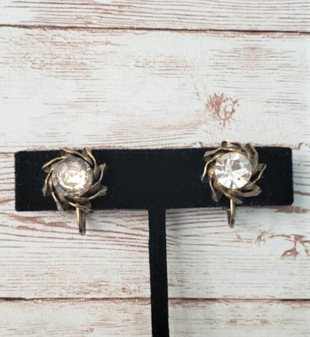 Vintage Clip On Earrings Starburst with Clear Gem